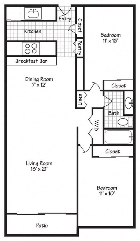 Floor plan for 2 beds, 1 bath, 939 sqft